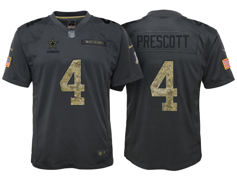 Youth Dallas Cowboys #4 Dak Prescott Camo Anthracite 2016 Salute to Service Game Jersey