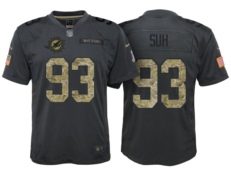 Youth Miami Dolphins #93 Ndamukong Suh Camo Anthracite 2016 Salute to Service Game Jersey