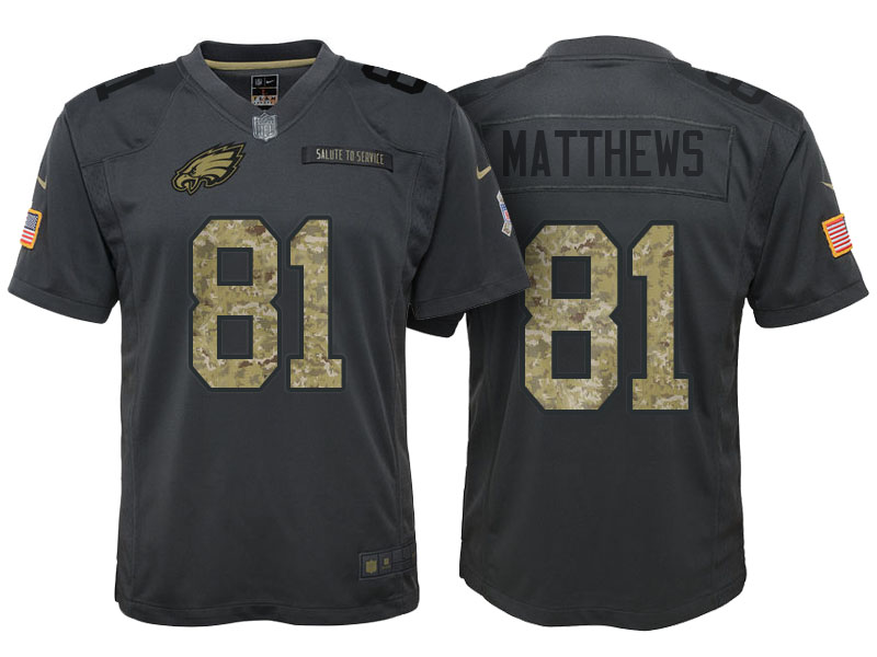 Youth Philadelphia Eagles #81 Jordan Matthews Camo Anthracite 2016 Salute to Service Game Jersey