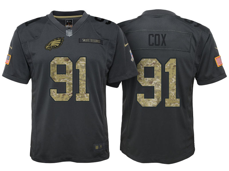 Youth Philadelphia Eagles #91 Fletcher Cox Camo Anthracite 2016 Salute to Service Game Jersey