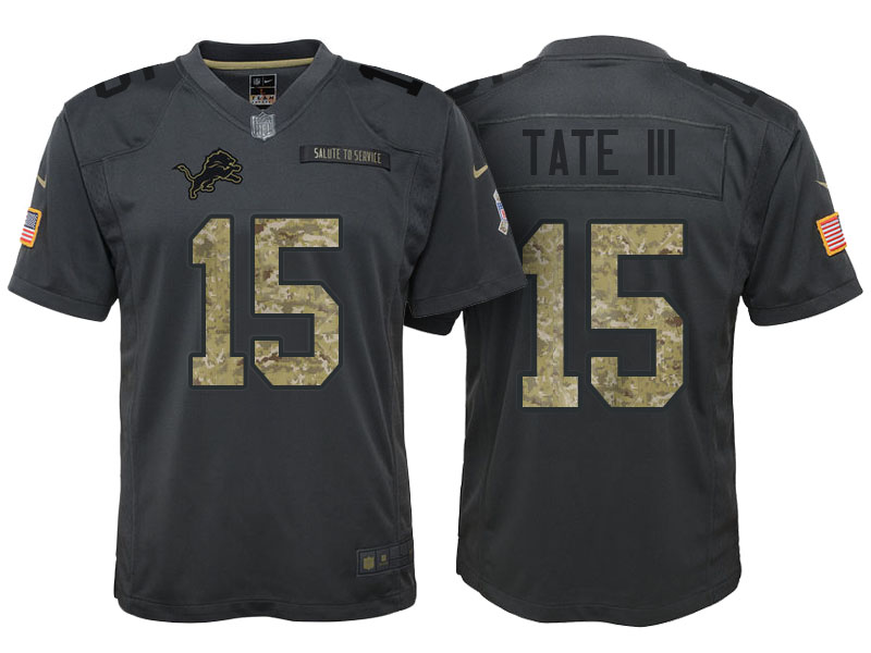 Youth Detroit Lions #15 Golden Tate III Camo Anthracite 2016 Salute to Service Game Jersey