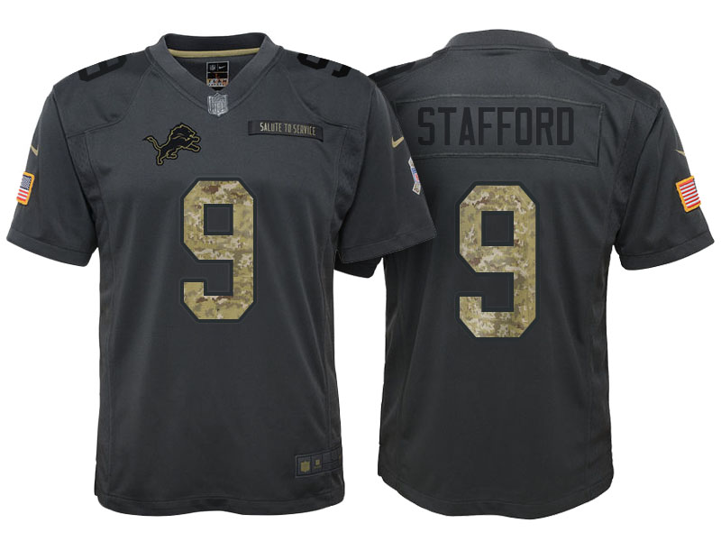 Youth Detroit Lions #9 Matthew Stafford Camo Anthracite 2016 Salute to Service Game Jersey