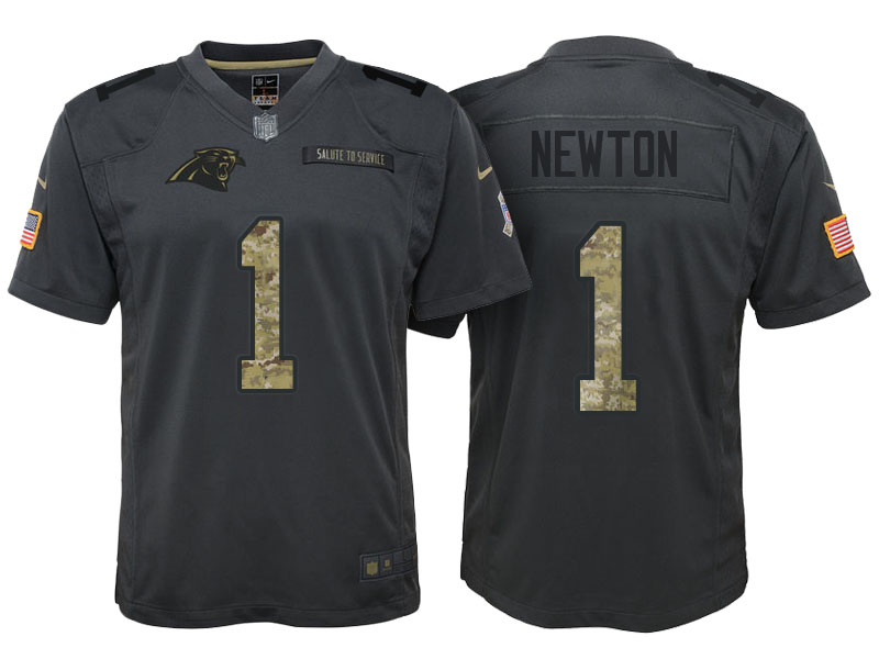 Youth Carolina Panthers #1 Cam Newton Camo Anthracite 2016 Salute to Service Game Jersey