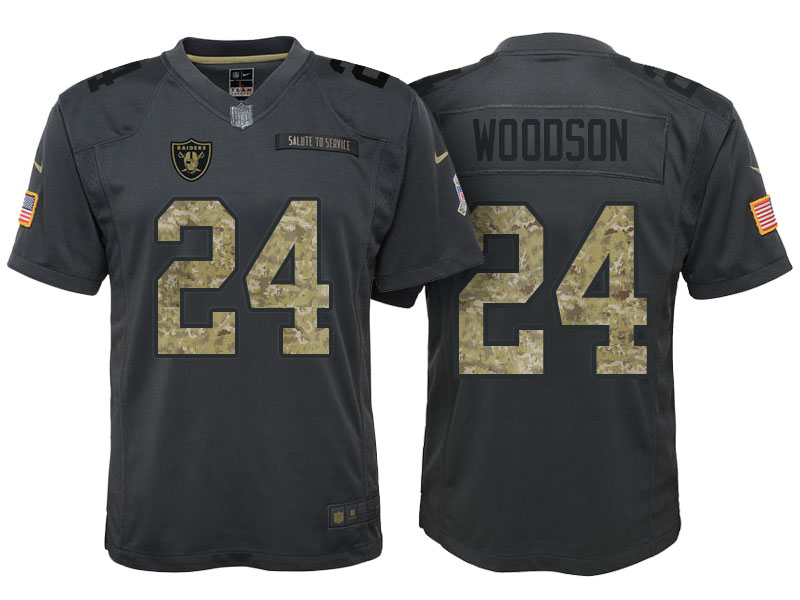 Youth Oakland Raiders #24 Charles Woodson Camo Anthracite 2016 Salute to Service Game Jersey