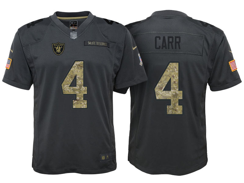 Youth Oakland Raiders #4 Derek Carr Camo Anthracite 2016 Salute to Service Game Jersey