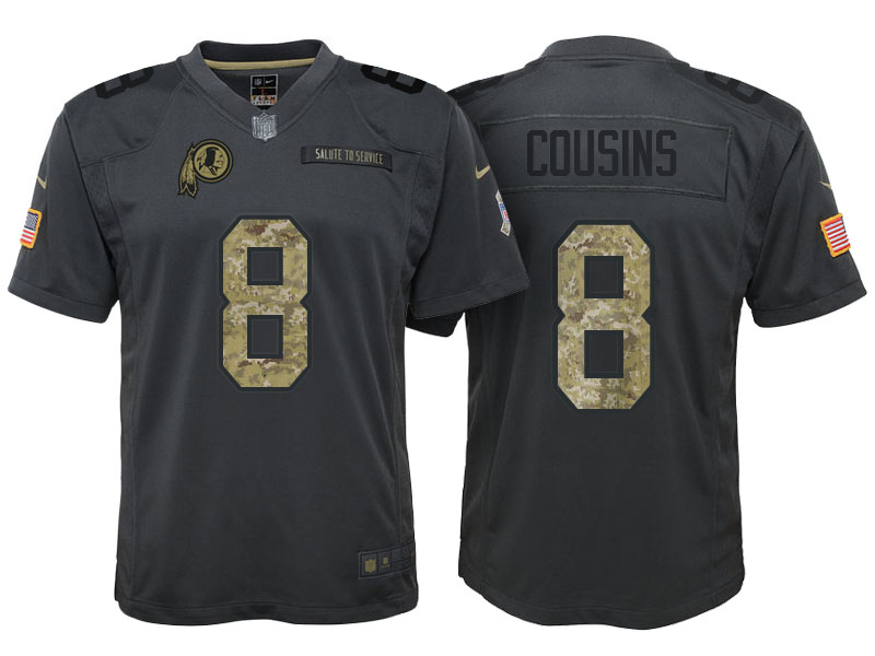 Youth Washington Redskins #8 Kirk Cousins Camo Anthracite 2016 Salute to Service Game Jersey