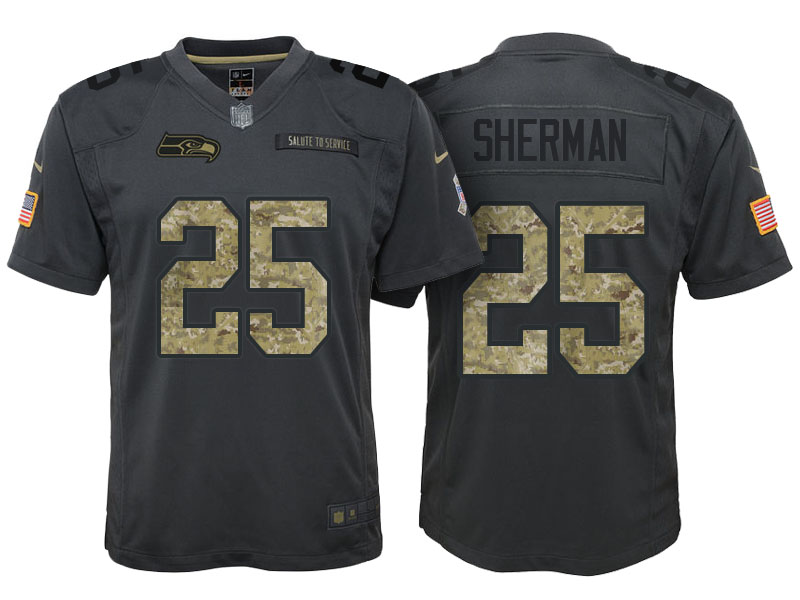 Youth Seattle Seahawks #25 Richard Sherman Camo Anthracite 2016 Salute to Service Game Jersey