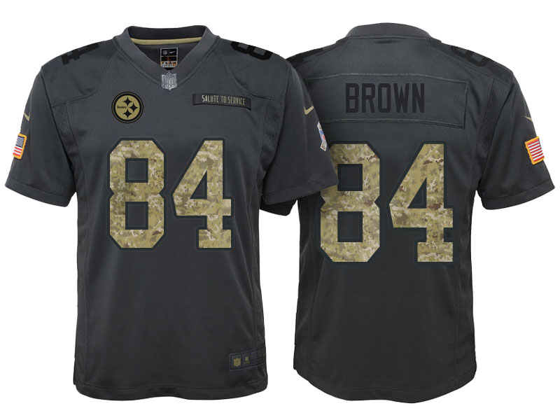 Youth Pittsburgh Steelers #84 Antonio Brown Camo Anthracite 2016 Salute to Service Game Jersey