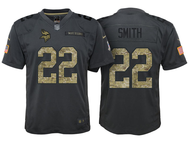 Youth Minnesota Vikings #22 Harrison Smith Camo Anthracite 2016 Salute to Service Game Jersey