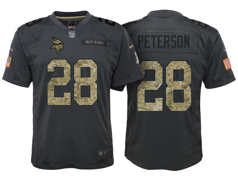 Youth Minnesota Vikings #28 Adrian Peterson Camo Anthracite 2016 Salute to Service Game Jersey