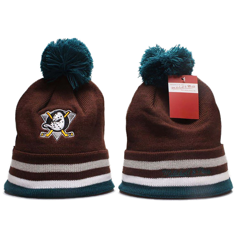 2016-2017 Anaheim Ducks Mitchell And Ness Knit Hat With Pom Beanies Red Wine/White