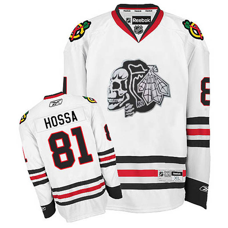 Marian Hossa Chicago Blackhawks #81 White Skull Ice Hockey Jersey