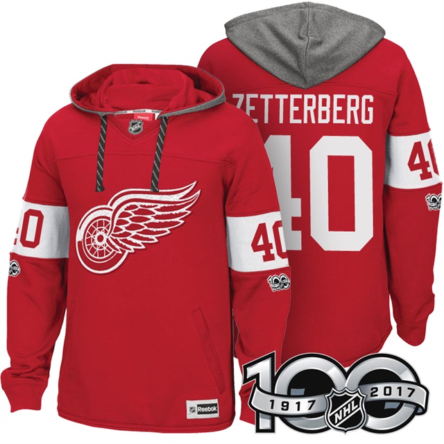 NHL Red Wings #40 Henrik Zetterberg Red Centennial Classic Patch Hoodie