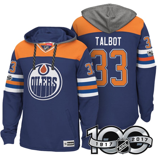 NHL Oilers #33 Cam Talbot Royal Centennial Patch Hoodie