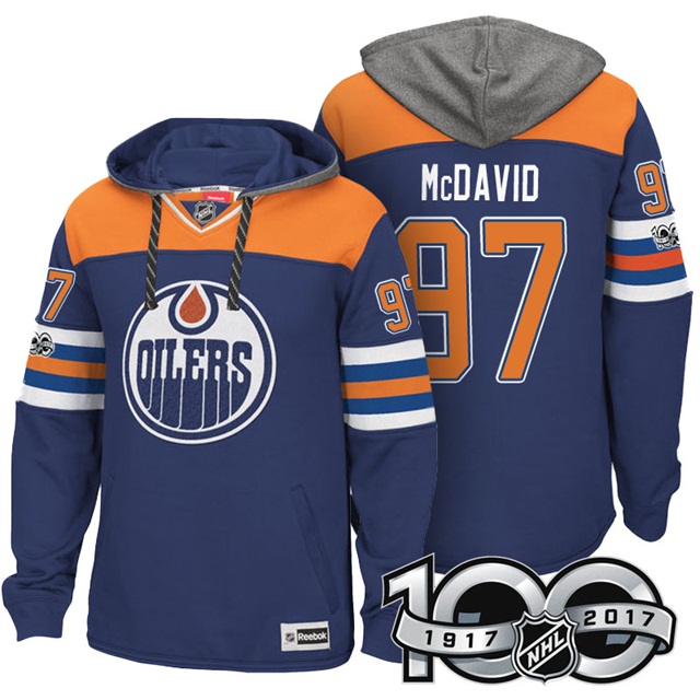 NHL Oilers #97 Connor McDavid Royal Centennial Patch Hoodie