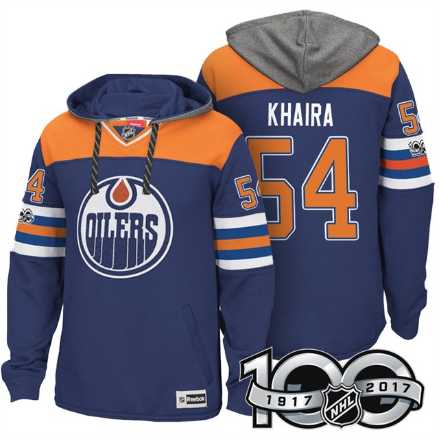 NHL Oilers #54 Jujhar Khaira Royal Centennial Patch Hoodie