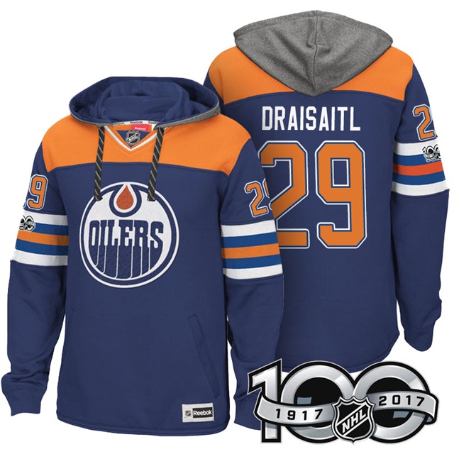 NHL Oilers #29 Leon Draisaitl Royal Centennial Patch Hoodie