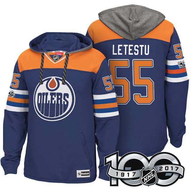 NHL Oilers #55 Mark Letestu Royal Centennial Patch Hoodie