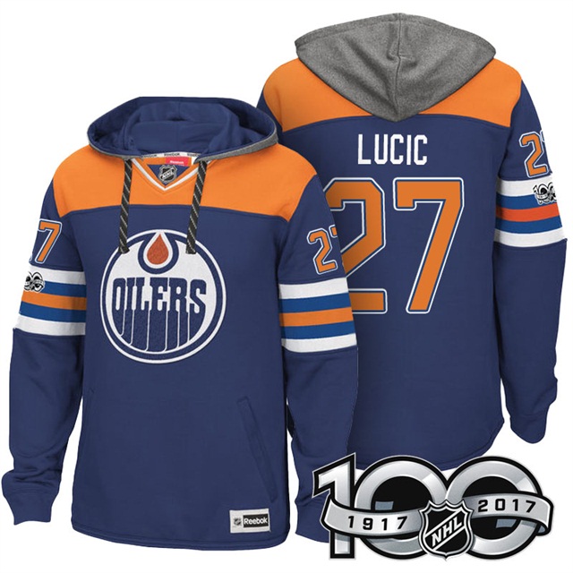 NHL Oilers #27 Milan Lucic Royal Centennial Patch Hoodie