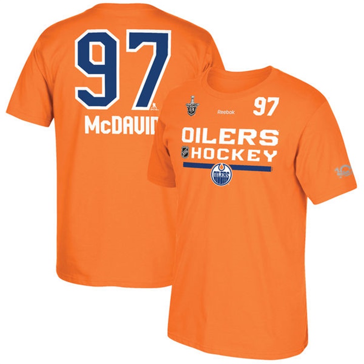 Oilers #97 Connor McDavid Orange 2017 NHL Stanley Cup Playoffs Name And Number T-shirt