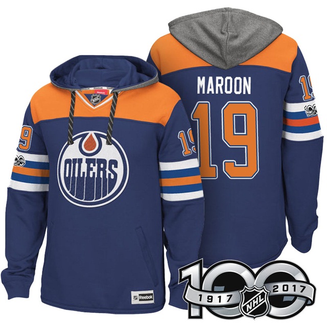 NHL Oilers #19 Patrick Maroon Royal Centennial Patch Hoodie