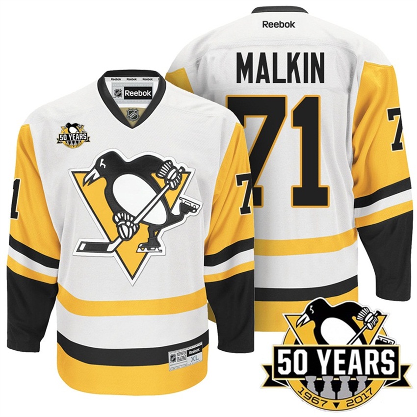 2016-17 NHL Evgeni Malkin #71 Penguins 50th Anniversary White Gold Away Premier Jersey