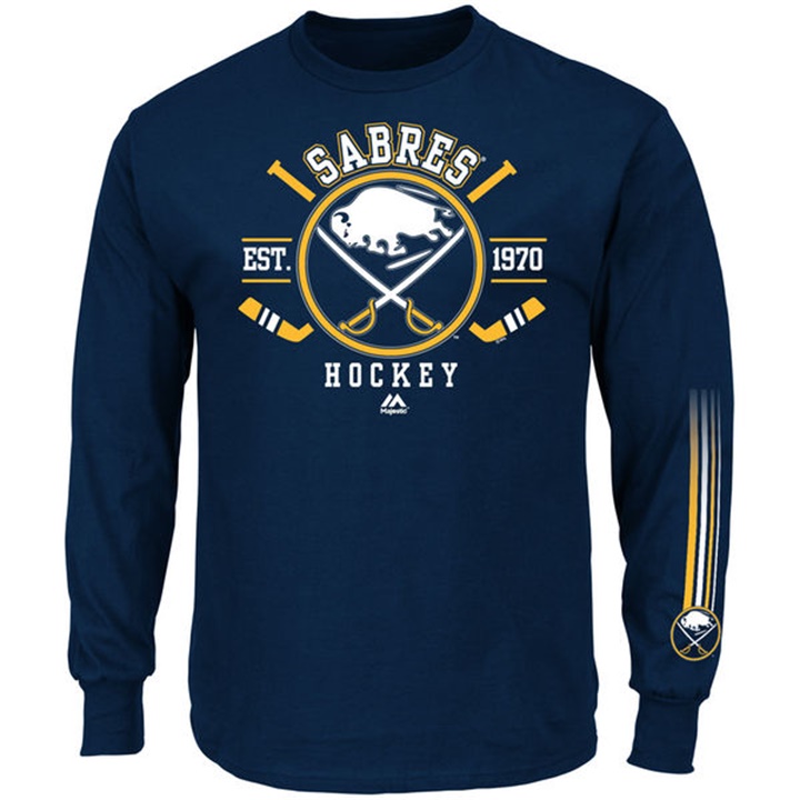 Men Buffalo Sabres Navy Blue EST.1970 Cross Check Fashion Long Sleeve T-shirt