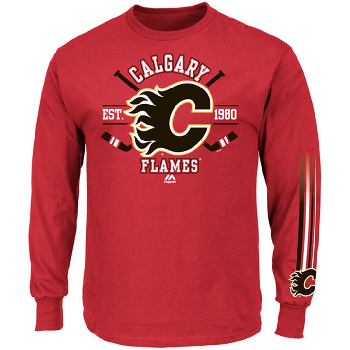 Men Calgary Flames Red EST.1980 Cross Check Fashion Long Sleeve T-shirt