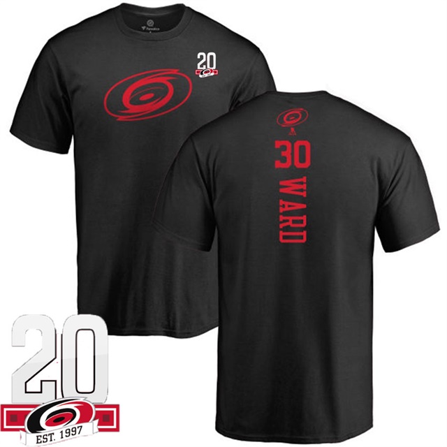 Men Carolina Hurricanes Cam Ward #30 Black Name And Number 20th Anniversary Logo T-shirt