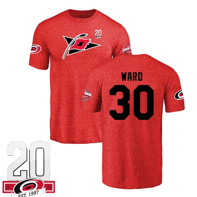 Men Carolina Hurricanes Cam Ward #30 Red Name And Number 20th Anniversary Logo T-shirt