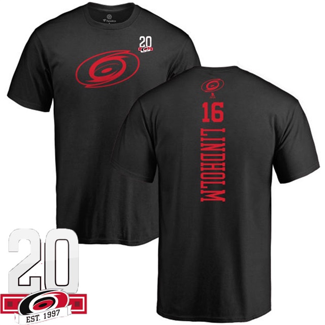 Men Carolina Hurricanes Elias Lindholm #16 Black Name And Number 20th Anniversary Logo T-shirt