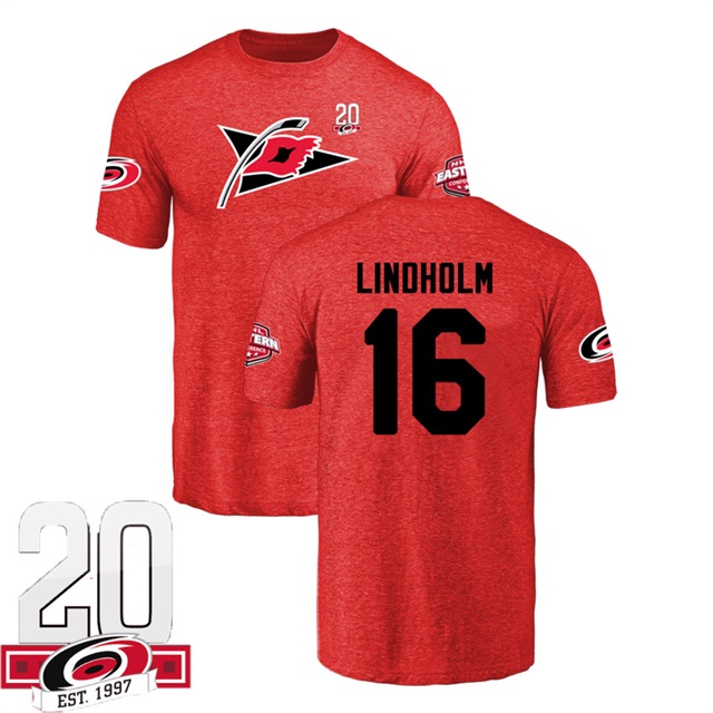 Men Carolina Hurricanes Elias Lindholm #16 Red Name And Number 20th Anniversary Logo T-shirt