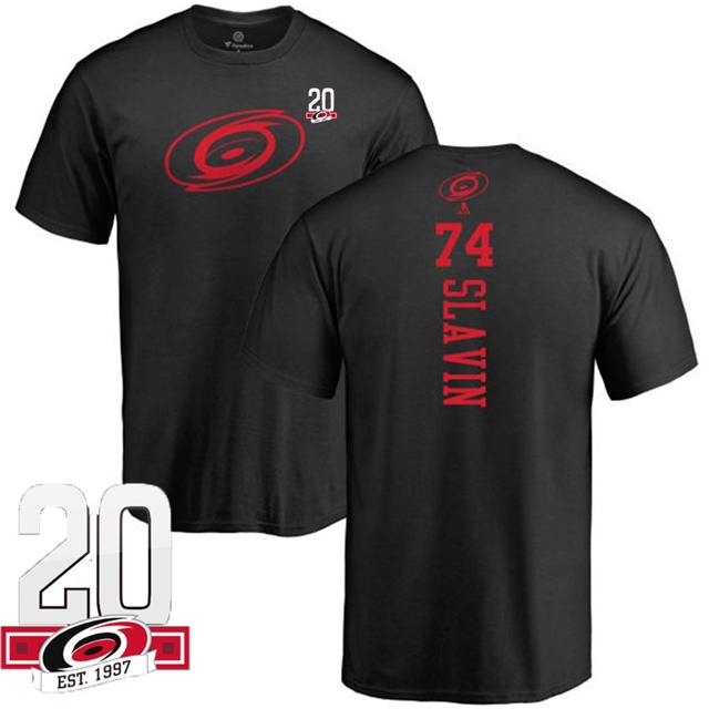 Men Carolina Hurricanes Jaccob Slavin #74 Black Name And Number 20th Anniversary Logo T-shirt