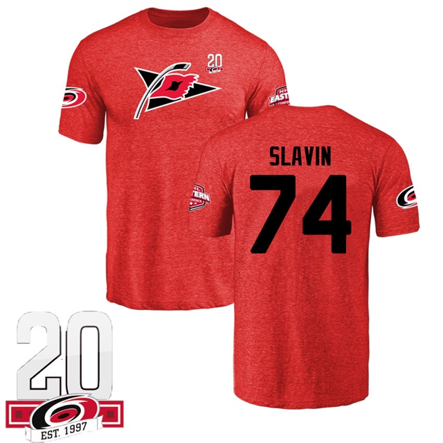 Men Carolina Hurricanes Jaccob Slavin #74 Red Name And Number 20th Anniversary Logo T-shirt