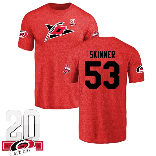 Men Carolina Hurricanes Jeff Skinner #53 Red Name And Number 20th Anniversary Logo T-shirt