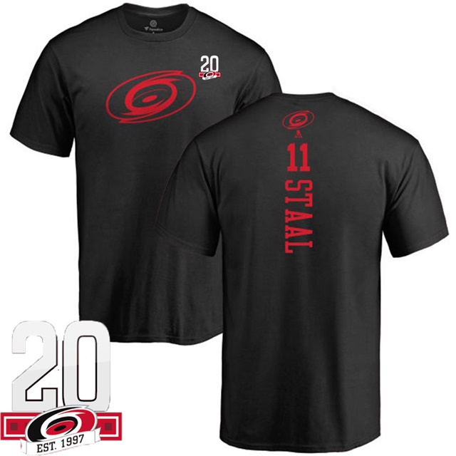 Men Carolina Hurricanes Jordan Staal #11 Black Name And Number 20th Anniversary Logo T-shirt