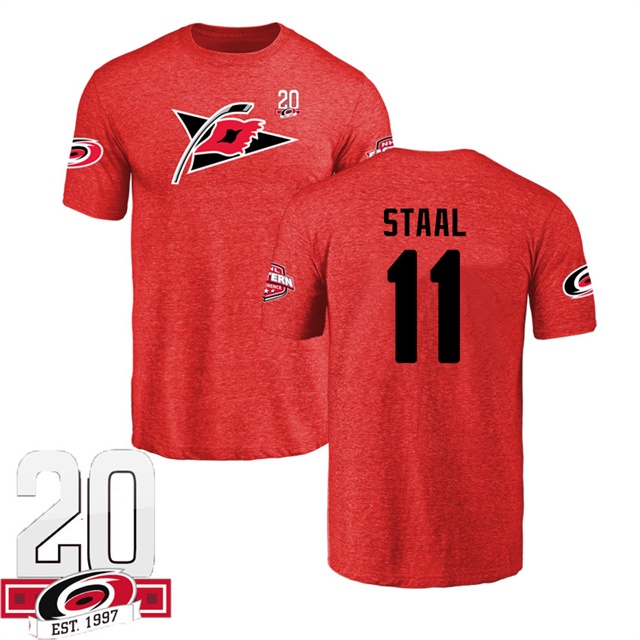 Men Carolina Hurricanes Jordan Staal #11 Red Name And Number 20th Anniversary Logo T-shirt