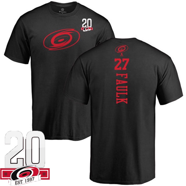 Men Carolina Hurricanes Justin Faulk #27 Black Name And Number 20th Anniversary Logo T-shirt