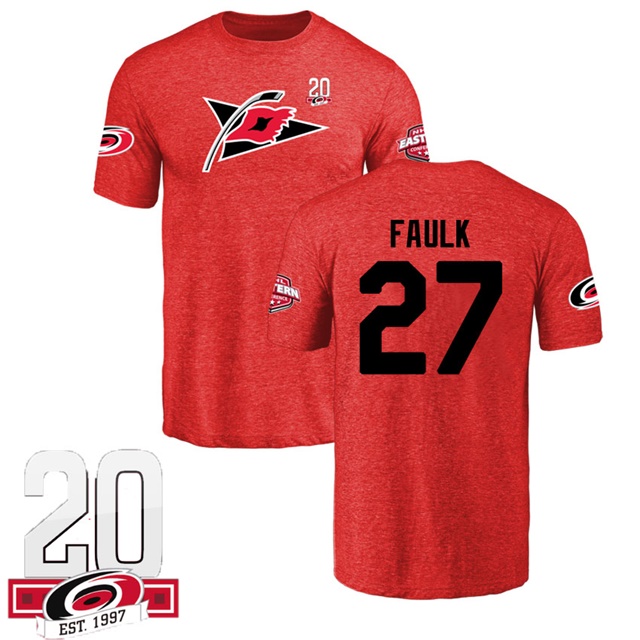 Men Carolina Hurricanes Justin Faulk #27 Red Name And Number 20th Anniversary Logo T-shirt