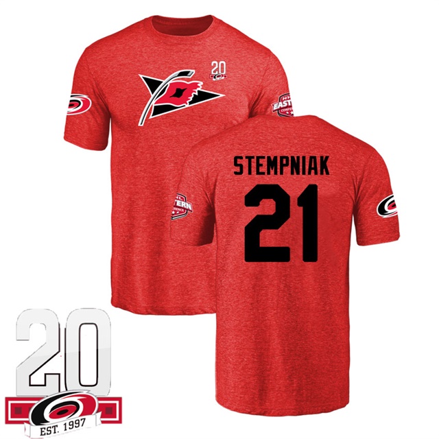 Men Carolina Hurricanes Lee Stempniak #21 Red Name And Number 20th Anniversary Logo T-shirt