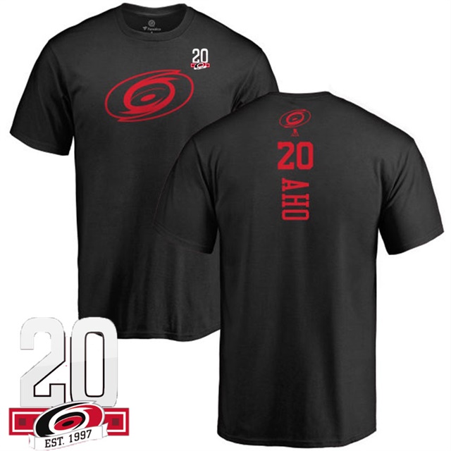 Men Carolina Hurricanes Sebastian Aho #20 Black Name And Number 20th Anniversary Logo T-shirt