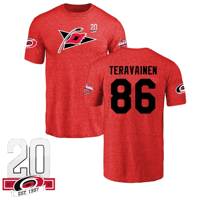 Men Carolina Hurricanes Teuvo Teravainen #86 Red Name And Number 20th Anniversary Logo T-shirt