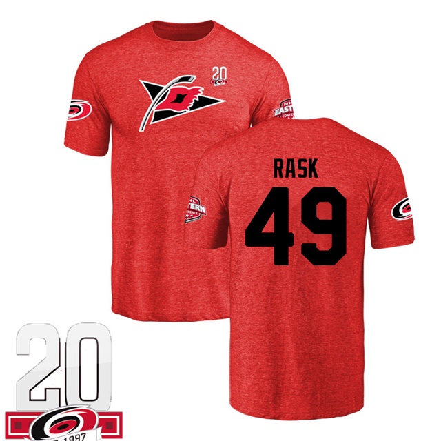 Men Carolina Hurricanes Victor Rask #49 Red Name And Number 20th Anniversary Logo T-shirt