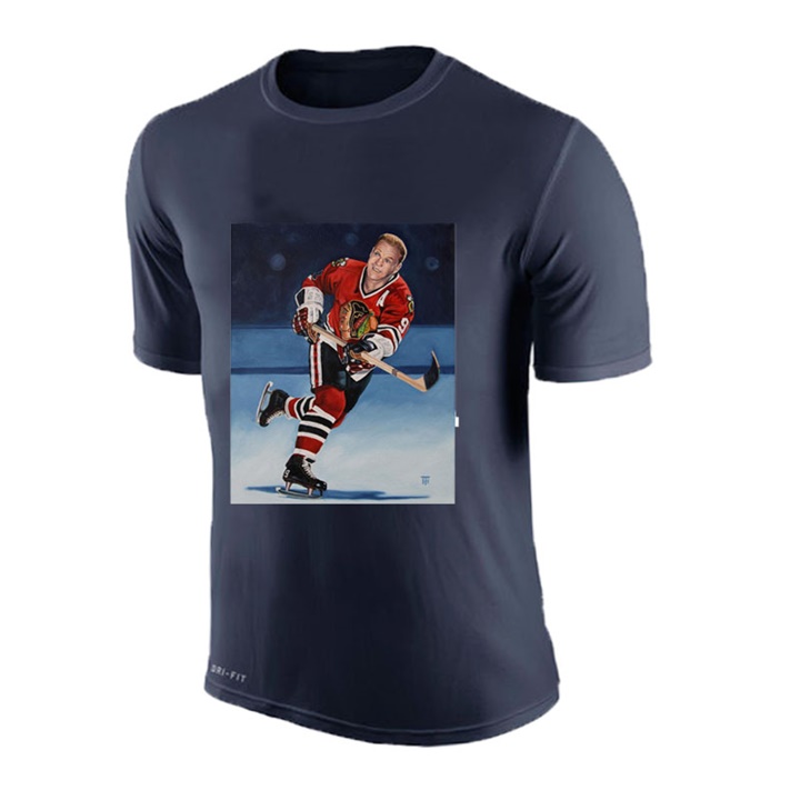 Men Blackhawks Bobby Hull #9 Navy NHL Greatest PLayer Pictorial T-shirt