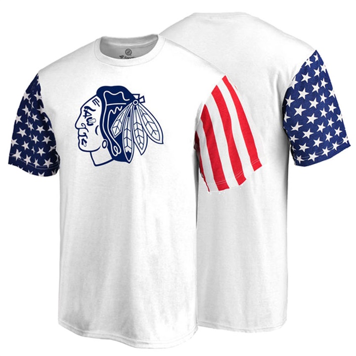 Men Chicago Blackhawks White US Flag Stars And Stripes T-shirt