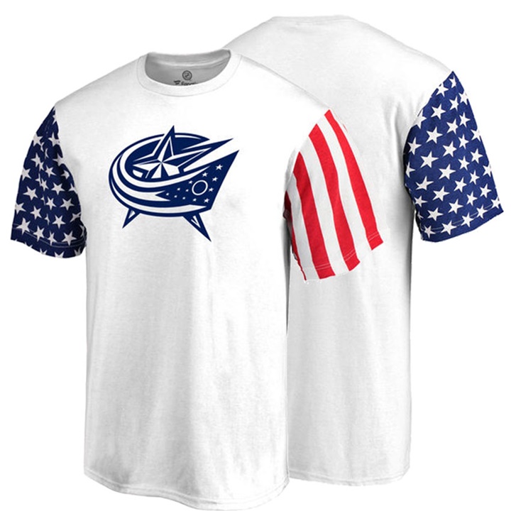 Men Columbus Blue Jackets White US Flag Stars And Stripes T-shirt