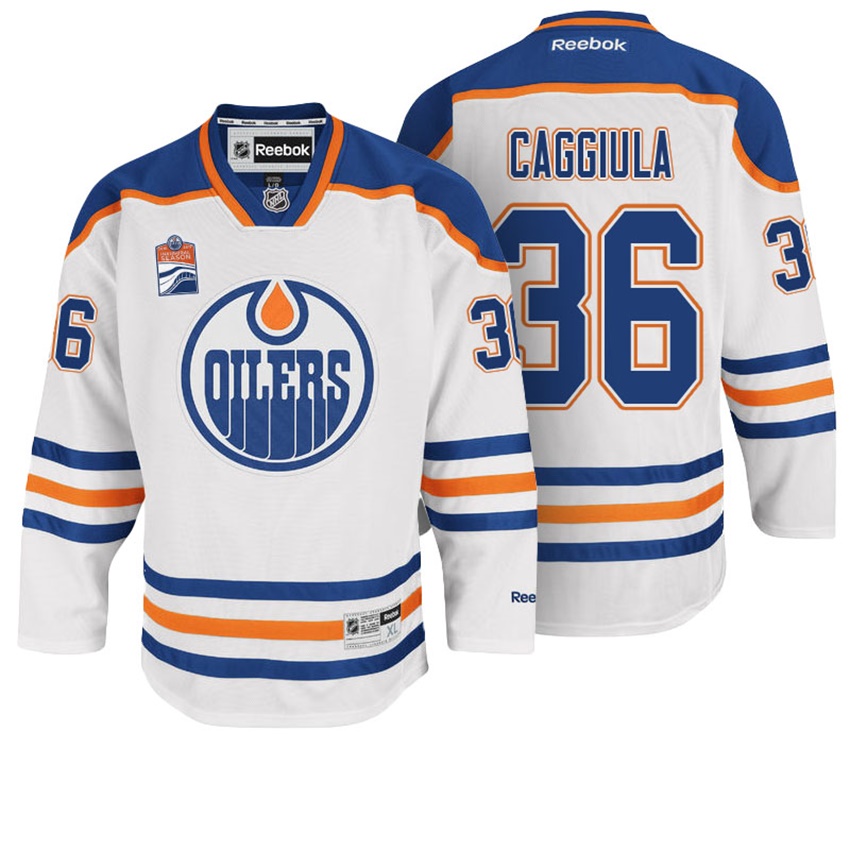 Men Edmonton Oilers Drake Caggiula #36 White Away Premier Jersey