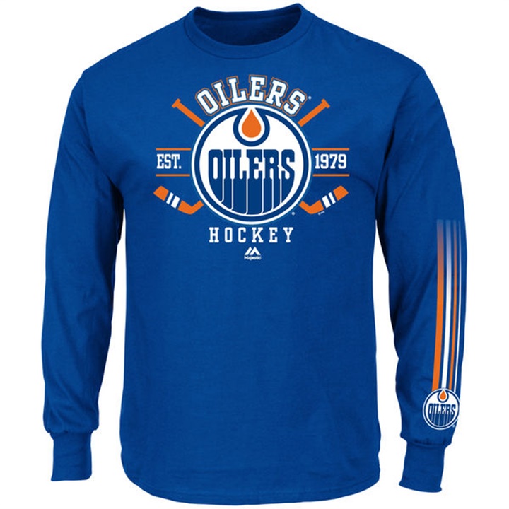 Men Edmonton Oilers Royal Blue EST.1979 Cross Check Fashion Long Sleeve T-shirt