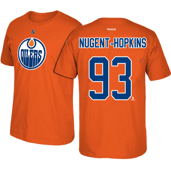 Men Oilers Ryan Nugent-Hopkins #93 Orange NHL Player Name And Number T-shirt