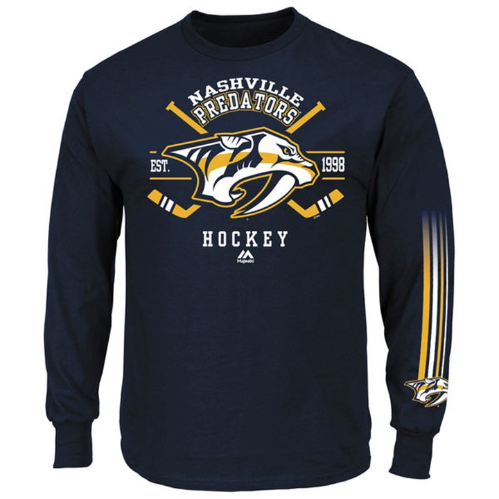 Men Nashville Predators Navy Blue EST.1998 Cross Check Fashion Long Sleeve T-shirt